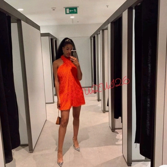 Women designer ZARA new $95 orange fringe bohemian halter mini dress size large - Picture 6 of 16